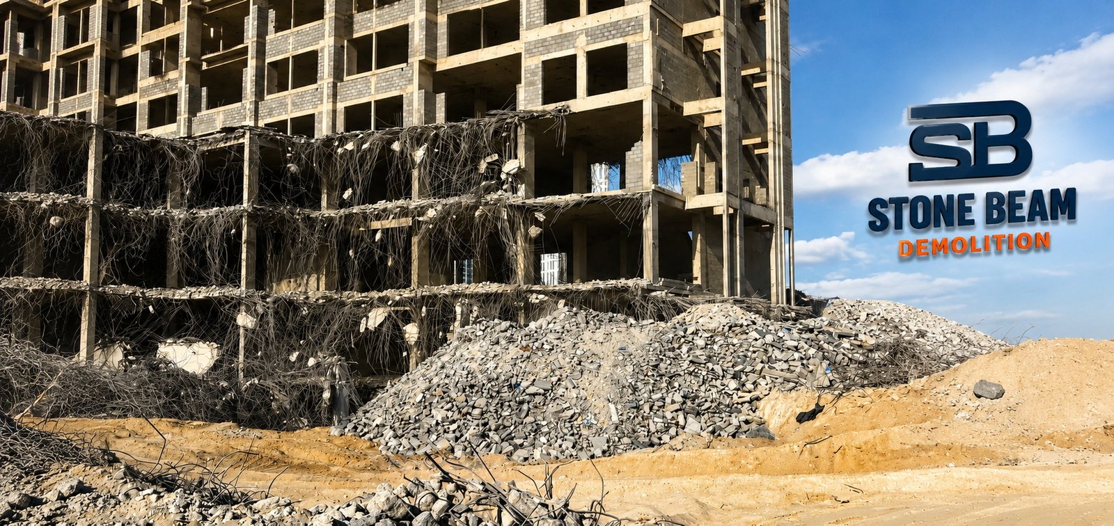 Industrial building demolition in Dubai showing controlled structural removal, heavy equipment and processed demolition materials on site