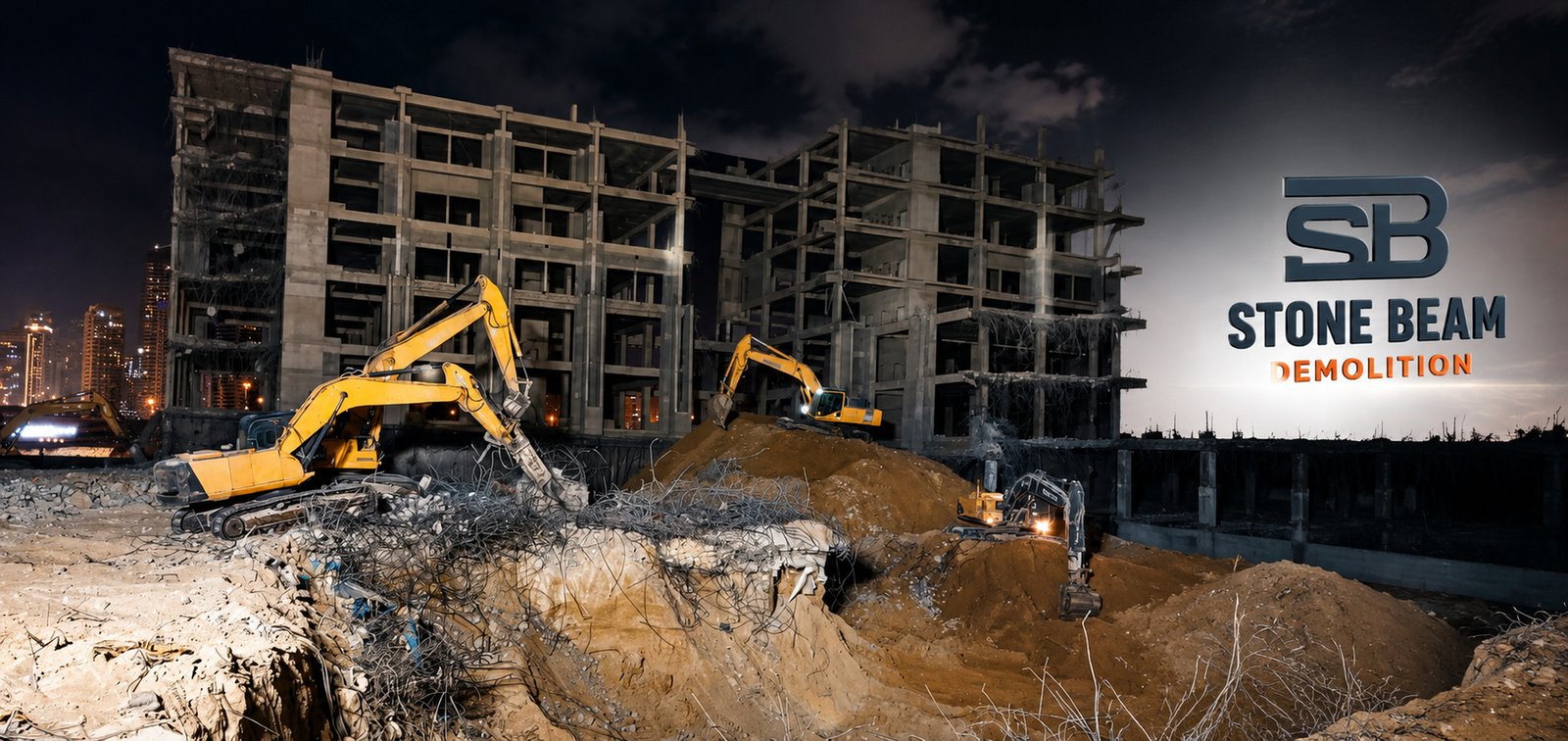 High-rise demolition in Dubai showing controlled site execution, structural removal activities and demolition equipment coordination