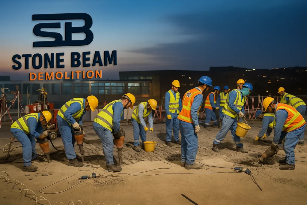 Stone Beam Demolition crew carrying out nighttime controlled concrete demolition and surface removal work at a project site in Dubai, UAE.