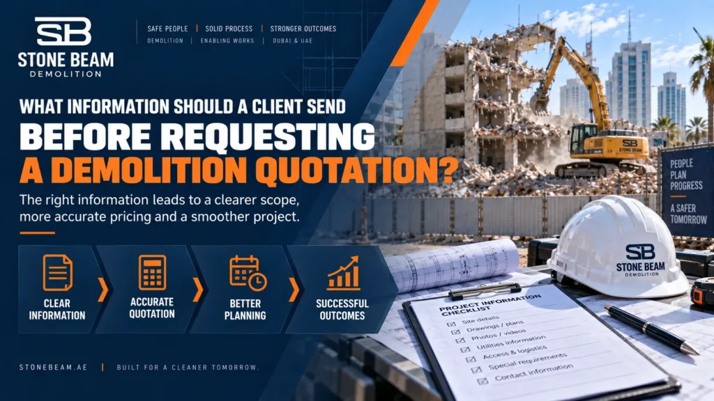 Stone Beam Demolition quotation preparation concept showing project information, drawings, site details and scope requirements needed for accurate demolition pricing.