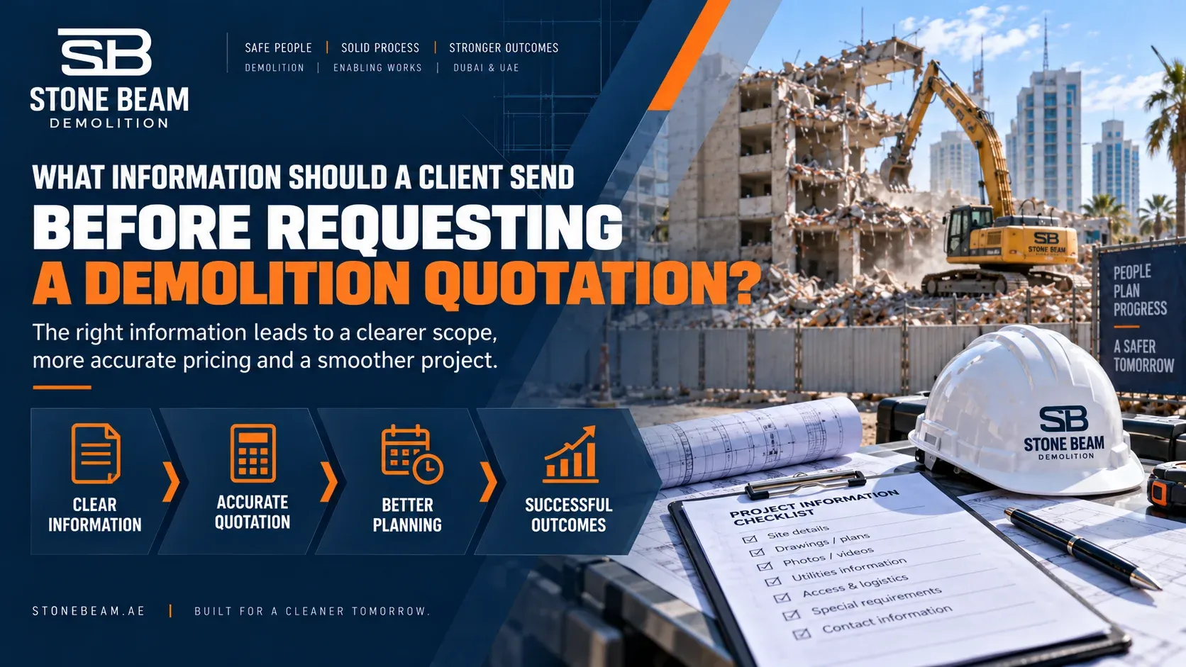 Stone Beam Demolition quotation preparation concept showing project information, drawings, site details and scope requirements needed for accurate demolition pricing.