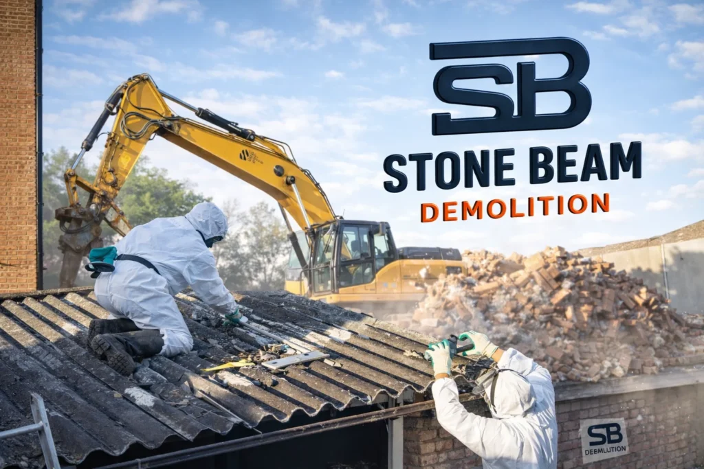 Stone Beam Demolition workers wearing protective suits removing asbestos roofing materials while an excavator carries out controlled demolition in Dubai, UAE.