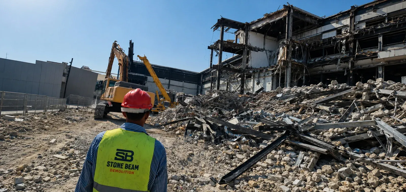 Industrial demolition in Dubai after site release showing controlled building removal, heavy equipment operation and demolition debris management