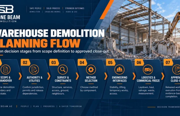 Warehouse Demolition Planning in Dubai: Steel Frames, Slabs & Free-Zone Logistics