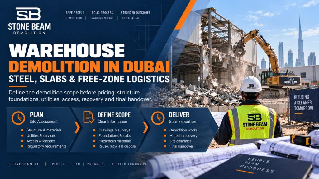 Warehouse Demolition Planning in Dubai: Steel Frames, Slabs & Free-Zone Logistics
