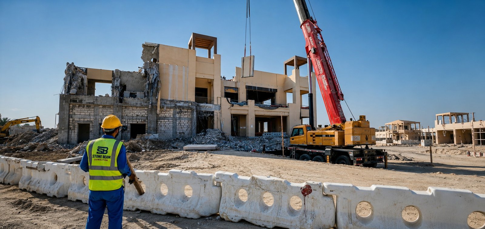Stone Beam Demolition crew using a mobile crane to lift and remove large concrete wall panels during controlled building demolition in Dubai, UAE.