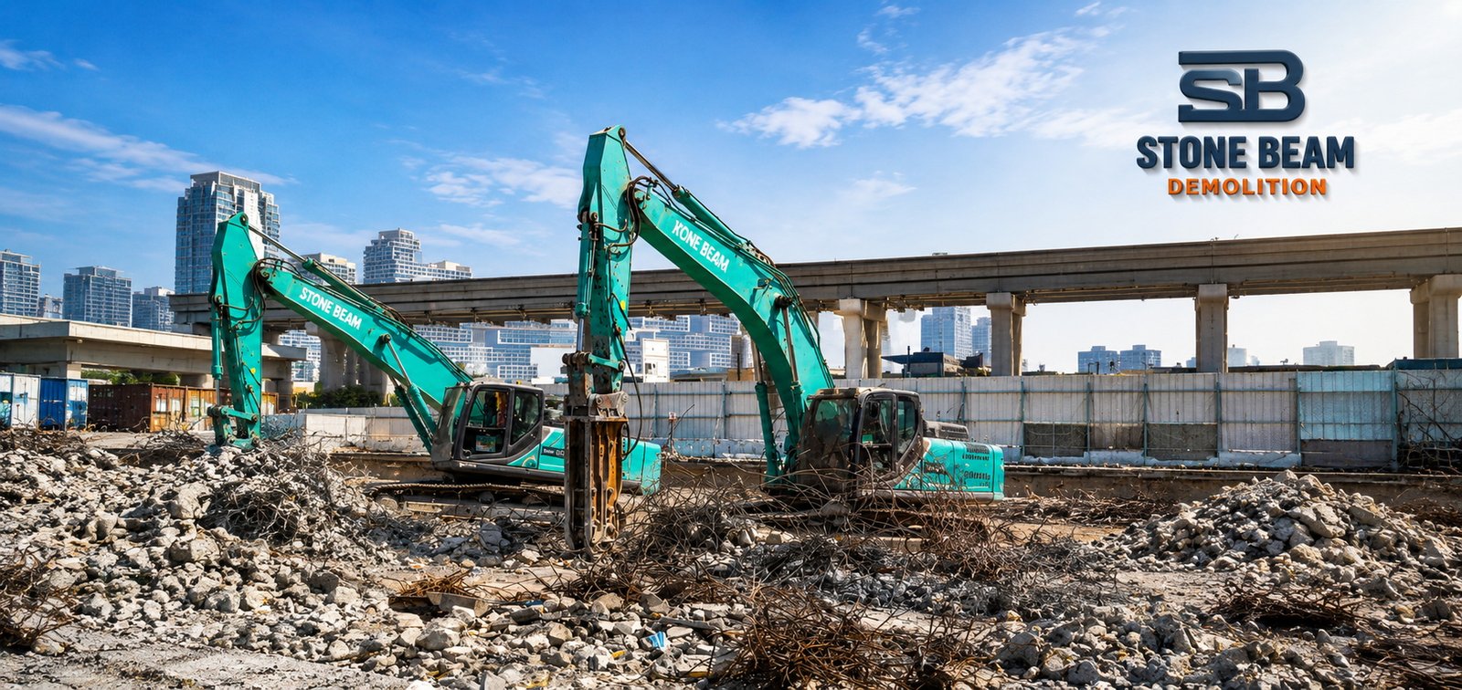 Stone Beam Demolition excavators using hydraulic breakers for concrete demolition, debris removal, and site clearing in Dubai, UAE.