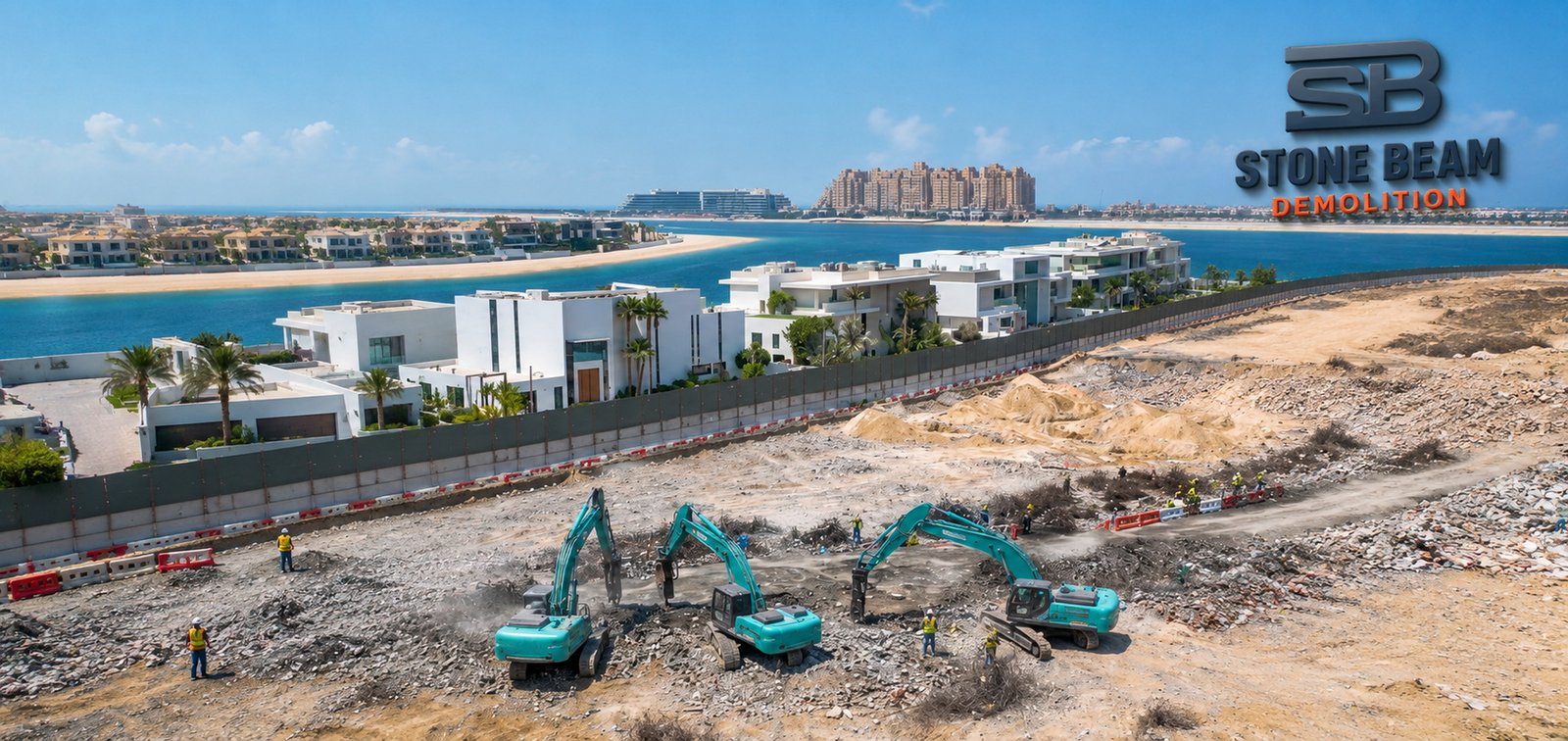 Stone Beam Demolition excavators carrying out large-scale excavation, site clearing, and ground preparation near a waterfront development in Dubai, UAE.