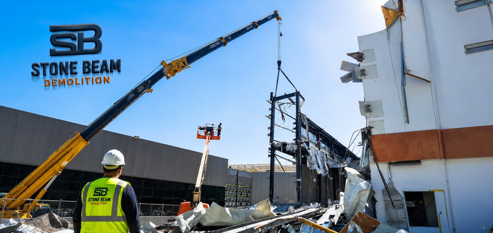 Stone Beam Demolition crew using a mobile crane to remove a steel structure during controlled demolition work in Dubai, UAE.