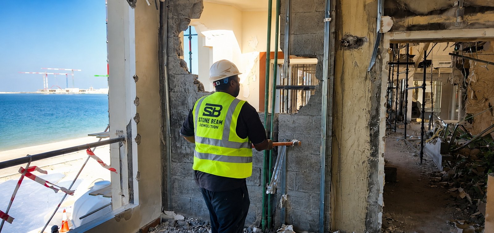 Stone Beam Demolition technician inspecting a partially demolished interior structure at a waterfront project site in Dubai, UAE.