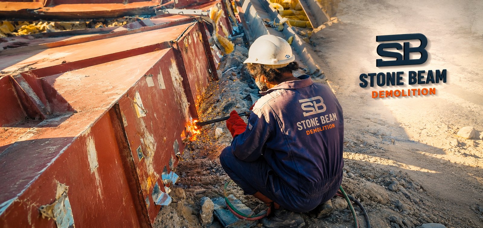 Stone Beam Demolition technician carrying out metal cutting work during a demolition project in Dubai, UAE.