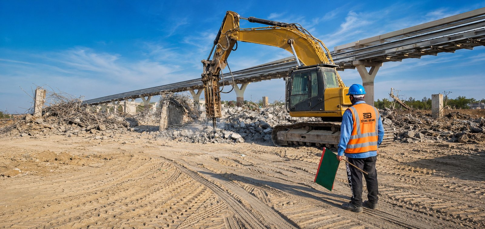 Industrial demolition in Dubai after site release showing excavator operations, controlled demolition work and site clearance activities