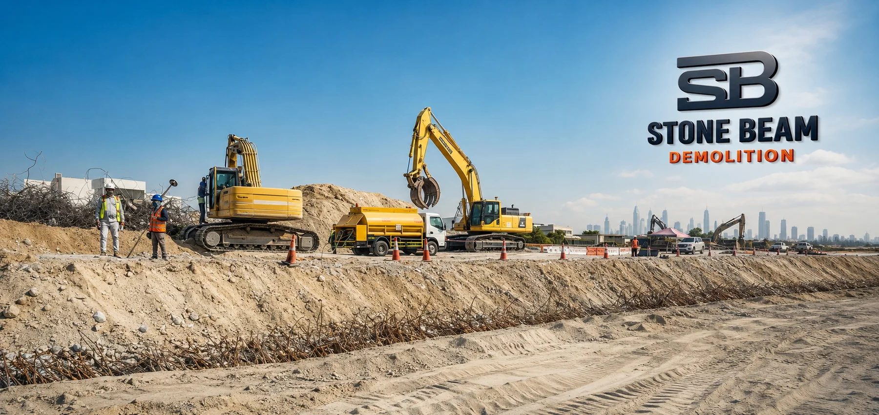 Stone Beam Demolition excavation contractors in Dubai carrying out bulk excavation and earthworks with tracked excavators, site supervision and controlled work-zone barriers during large-scale ground preparation.