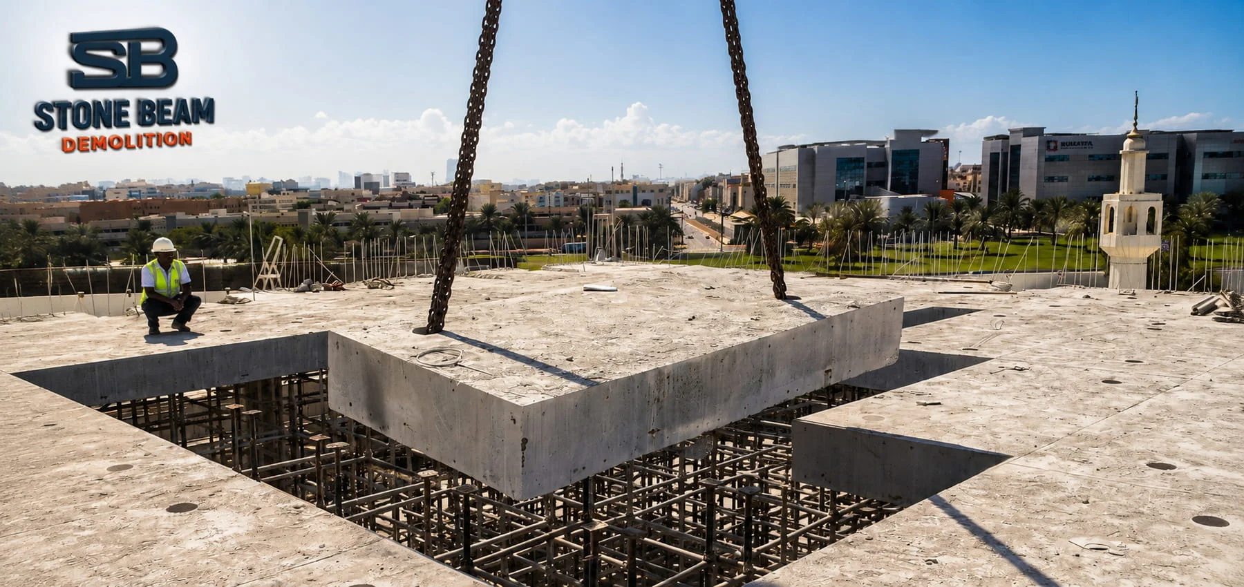 Concrete cutting in Dubai showing a separated reinforced concrete slab section being lifted after precision cutting