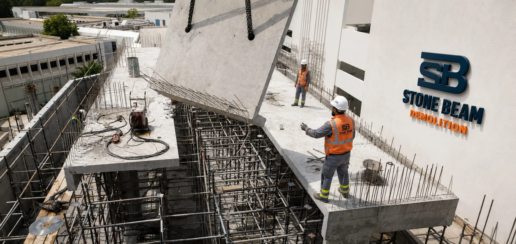 Concrete cutting in Dubai showing a reinforced concrete slab section being cut, lifted and removed under controlled site supervision