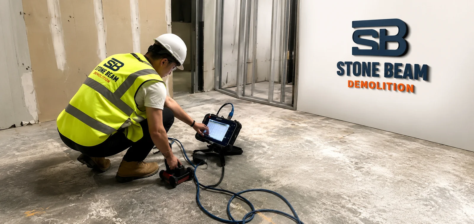 Stone Beam technician performing concrete scanning and inspection on a floor slab in Dubai, UAE