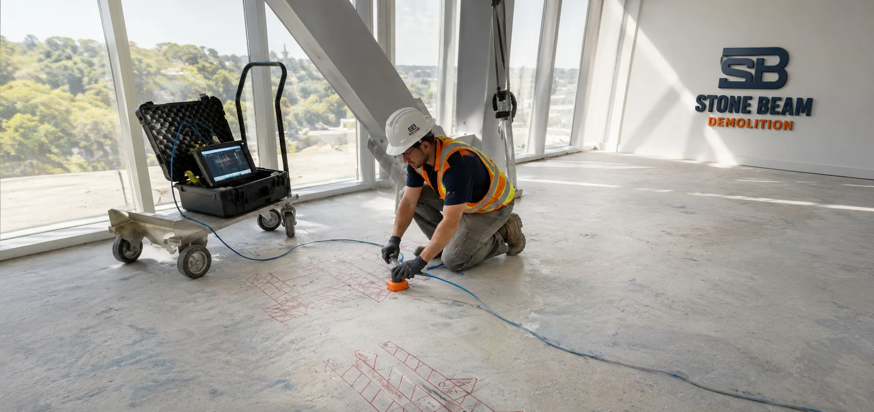Concrete scanning in Dubai showing a technician mapping a concrete floor and reviewing scan data before drilling or cutting works