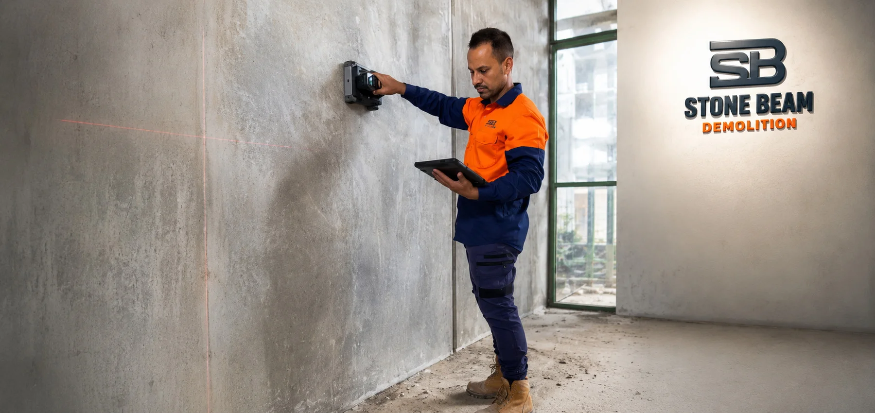 Concrete scanning in Dubai showing a technician using wall scanning equipment and a tablet to verify embedded elements before drilling or cutting