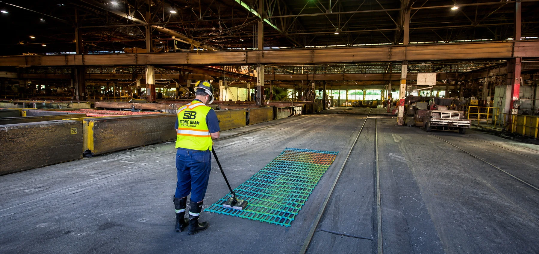 Concrete scanning in Dubai showing a technician scanning a large industrial floor area to identify subsurface features before cutting or drilling