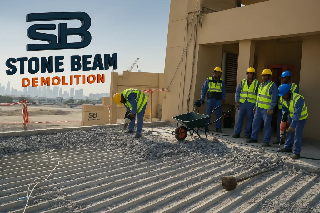 Controlled demolition in Dubai for concrete slab removal using planned cutting, breaking and structural removal methods