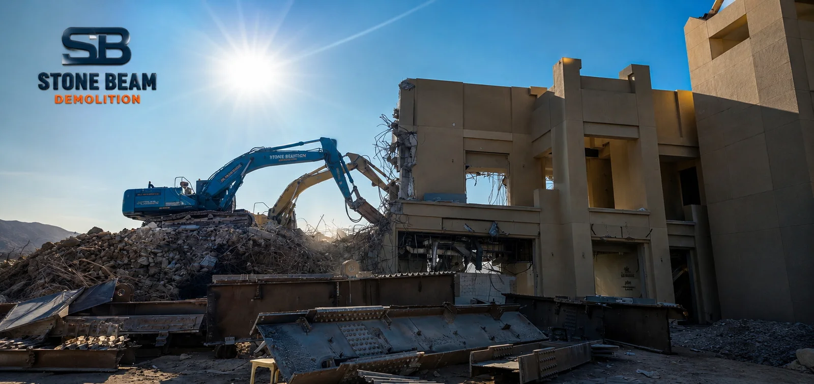 Villa demolition in Dubai showing controlled demolition capability, specialist equipment and planned structural removal works