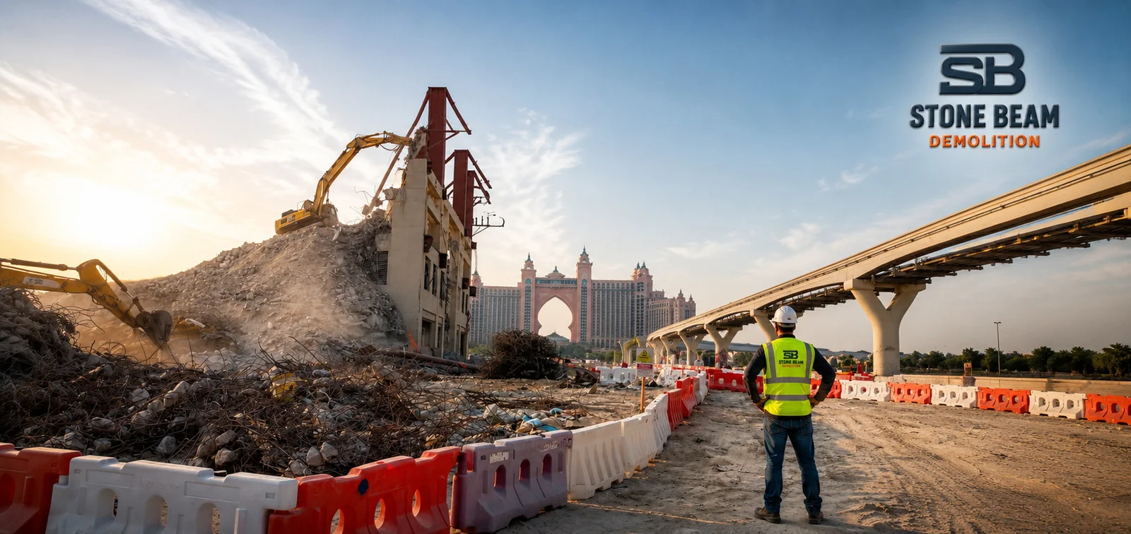 Conventional demolition in Dubai showing heavy equipment carrying out controlled structural removal and building demolition works