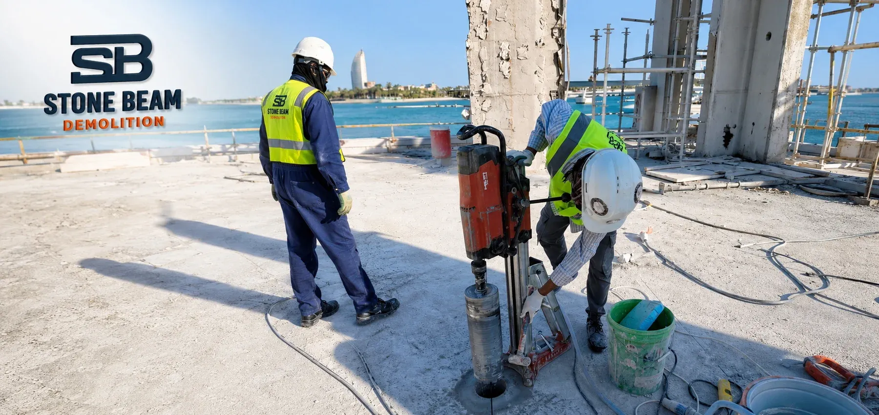 Core drilling in Dubai showing a diamond core drilling rig creating a precise opening in a reinforced concrete slab