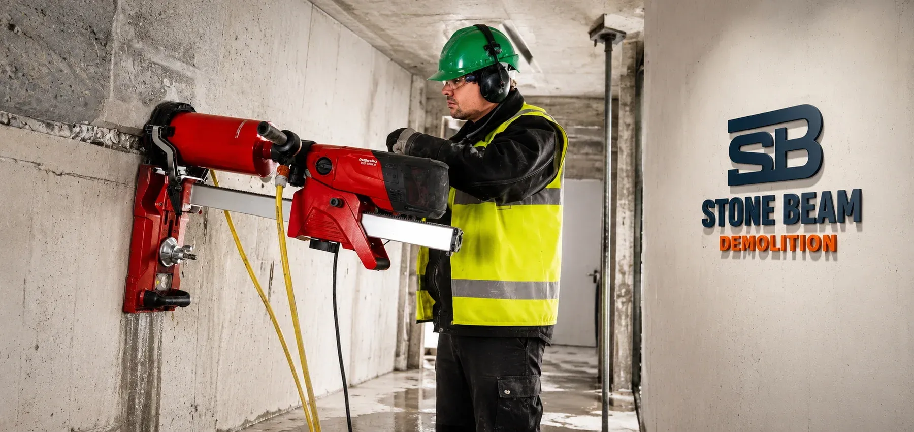 Core drilling in Dubai showing HILTI diamond drilling equipment used for precise horizontal drilling through reinforced concrete