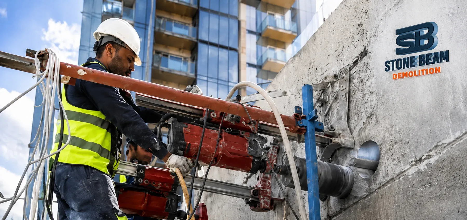 Core drilling in Dubai showing horizontal diamond core drilling through a reinforced concrete wall