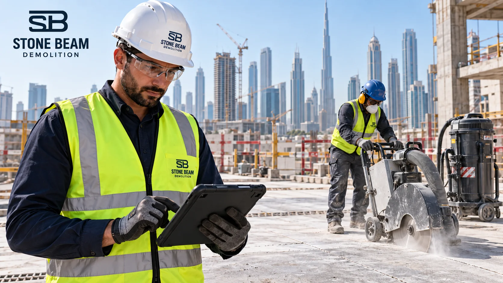 Dry concrete cutting in Dubai showing site supervision, floor saw cutting and dust extraction on a construction site