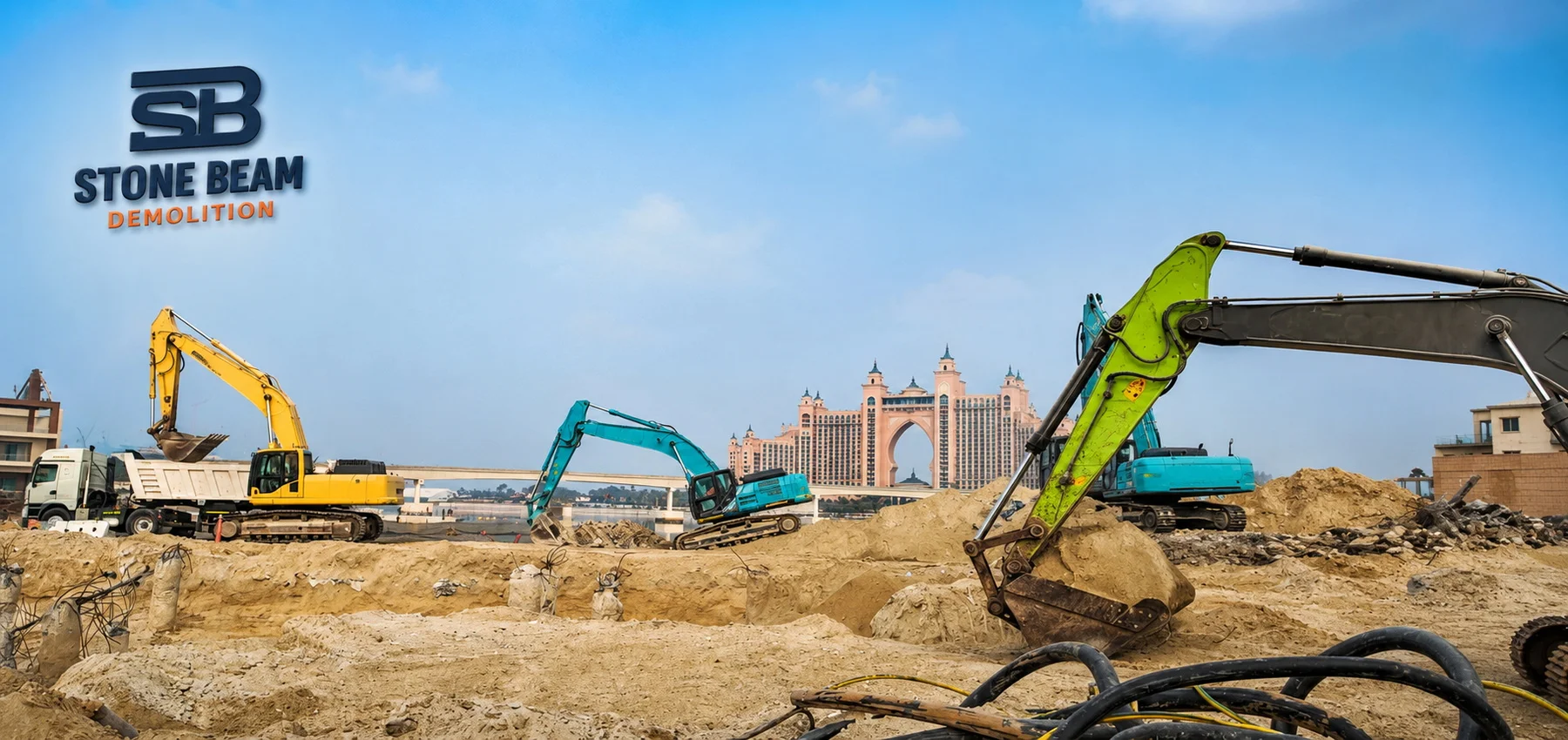 Stone Beam Demolition excavation contractors in Dubai carrying out large-scale earthworks with multiple excavators and dump trucks, removing soil and preparing the site near Atlantis The Palm.