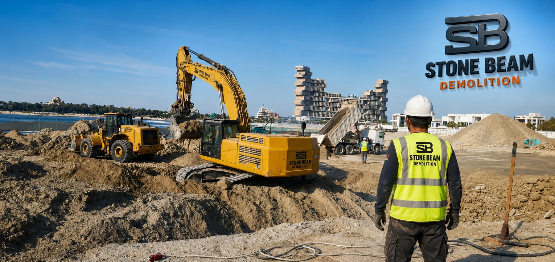 Stone Beam Demolition excavation contractors in Dubai carrying out large-scale earthmoving and site excavation with excavators, wheel loaders and dump trucks under supervised site conditions.