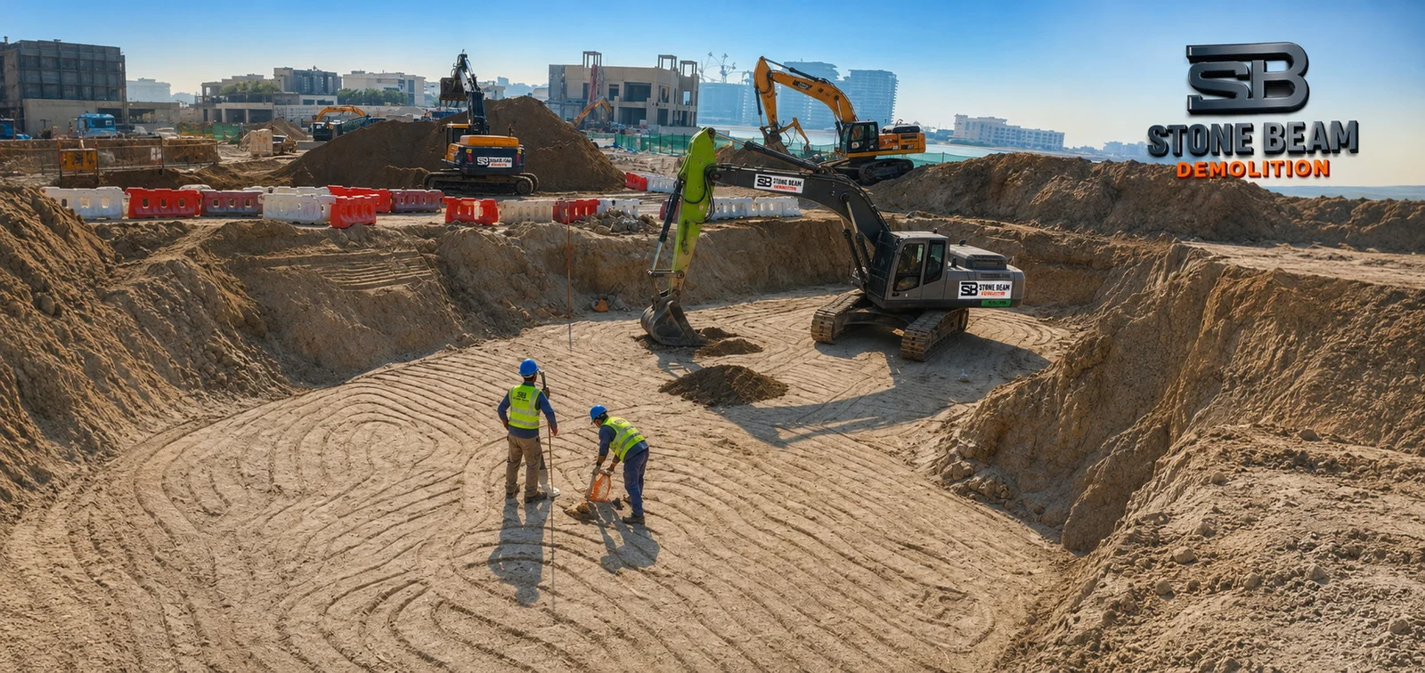 Stone Beam Demolition excavators and site crew carrying out deep excavation and ground preparation work at a construction site in Dubai, UAE.
