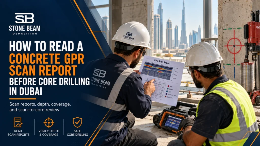 Engineer reviewing a concrete GPR scan report before core drilling in Dubai