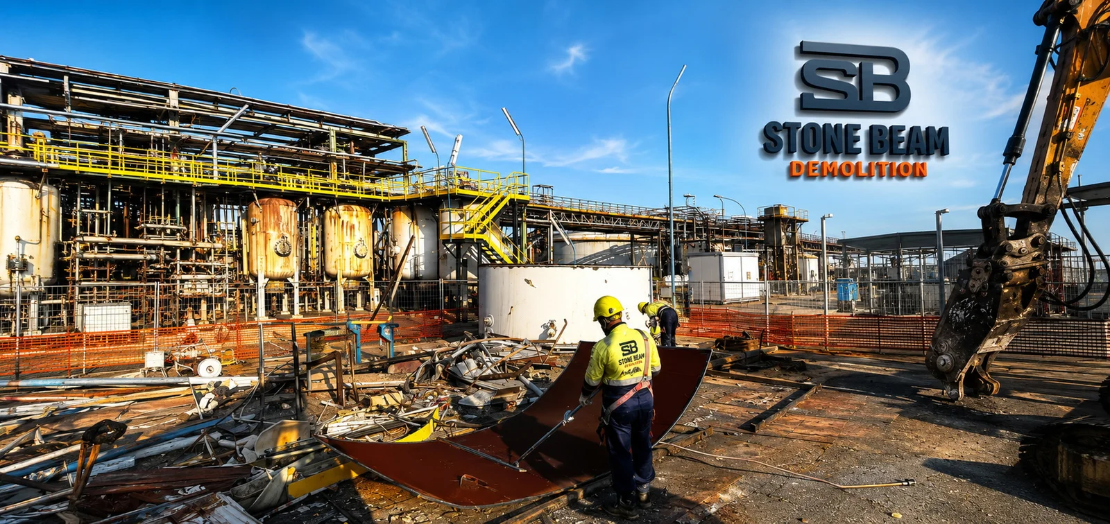 Industrial demolition in Dubai showing heavy structural dismantling, equipment operations and coordinated removal works at an industrial site