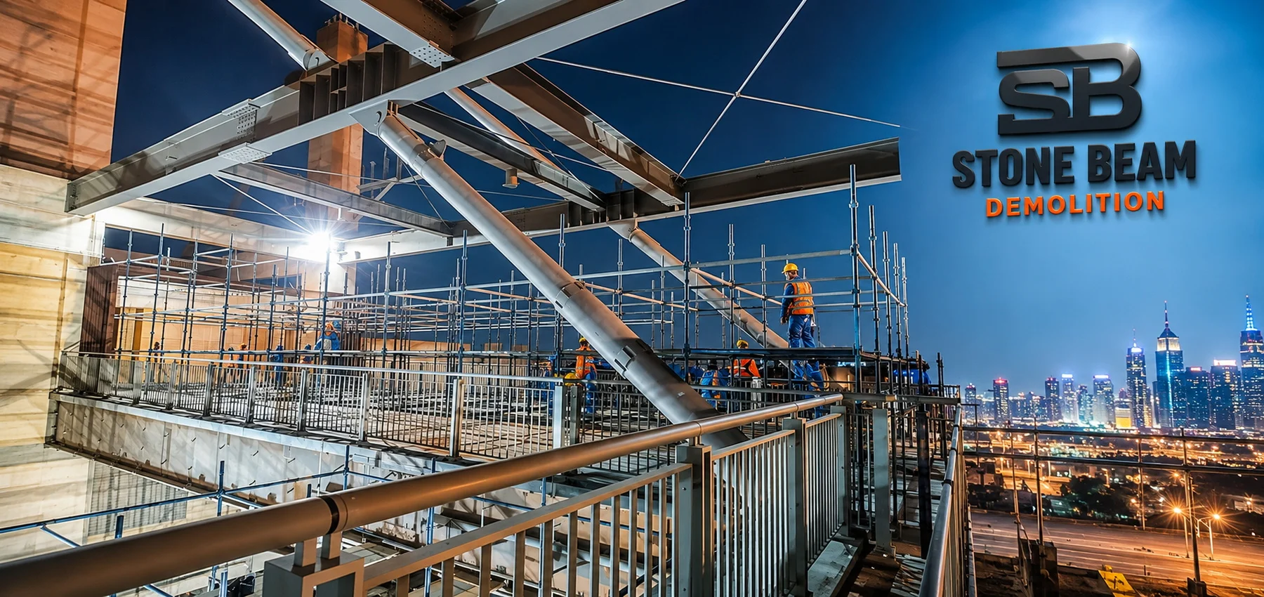 Stone Beam Demolition team carrying out nighttime structural steel and temporary works on an elevated Dubai commercial structure, with scaffolding, steel framing, access platforms and workers in PPE operating under controlled site conditions.
