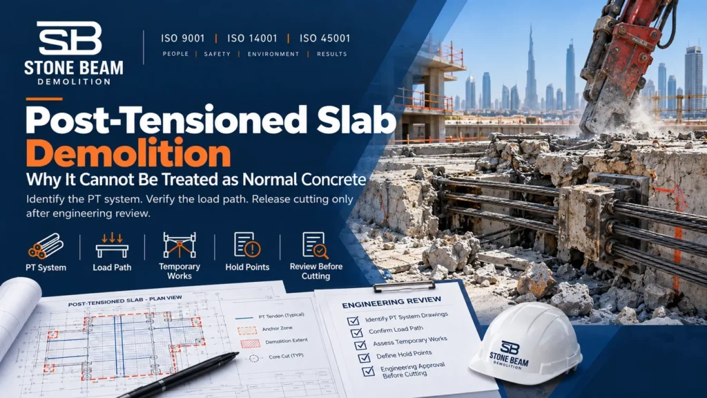 Post-tensioned slab demolition planning showing PT tendons, temporary works and engineering review before cutting