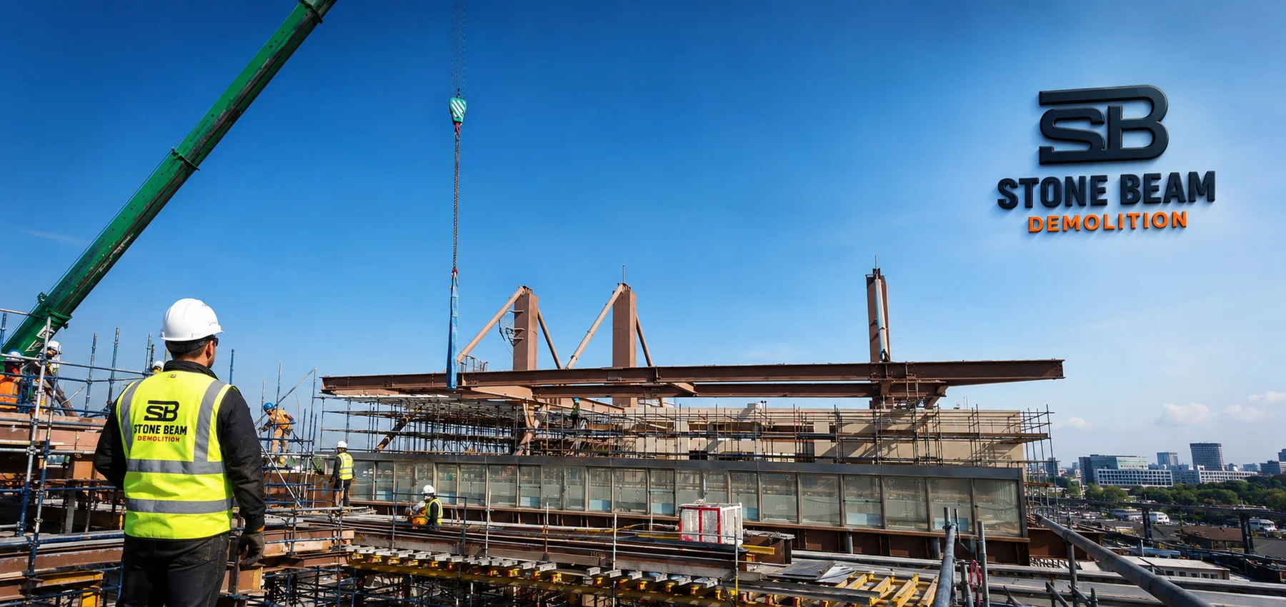 Stone Beam Demolition team supervising the crane lifting and positioning of a large steel beam on an elevated commercial structure in Dubai, with scaffolding, temporary works and workers in PPE visible across the site.