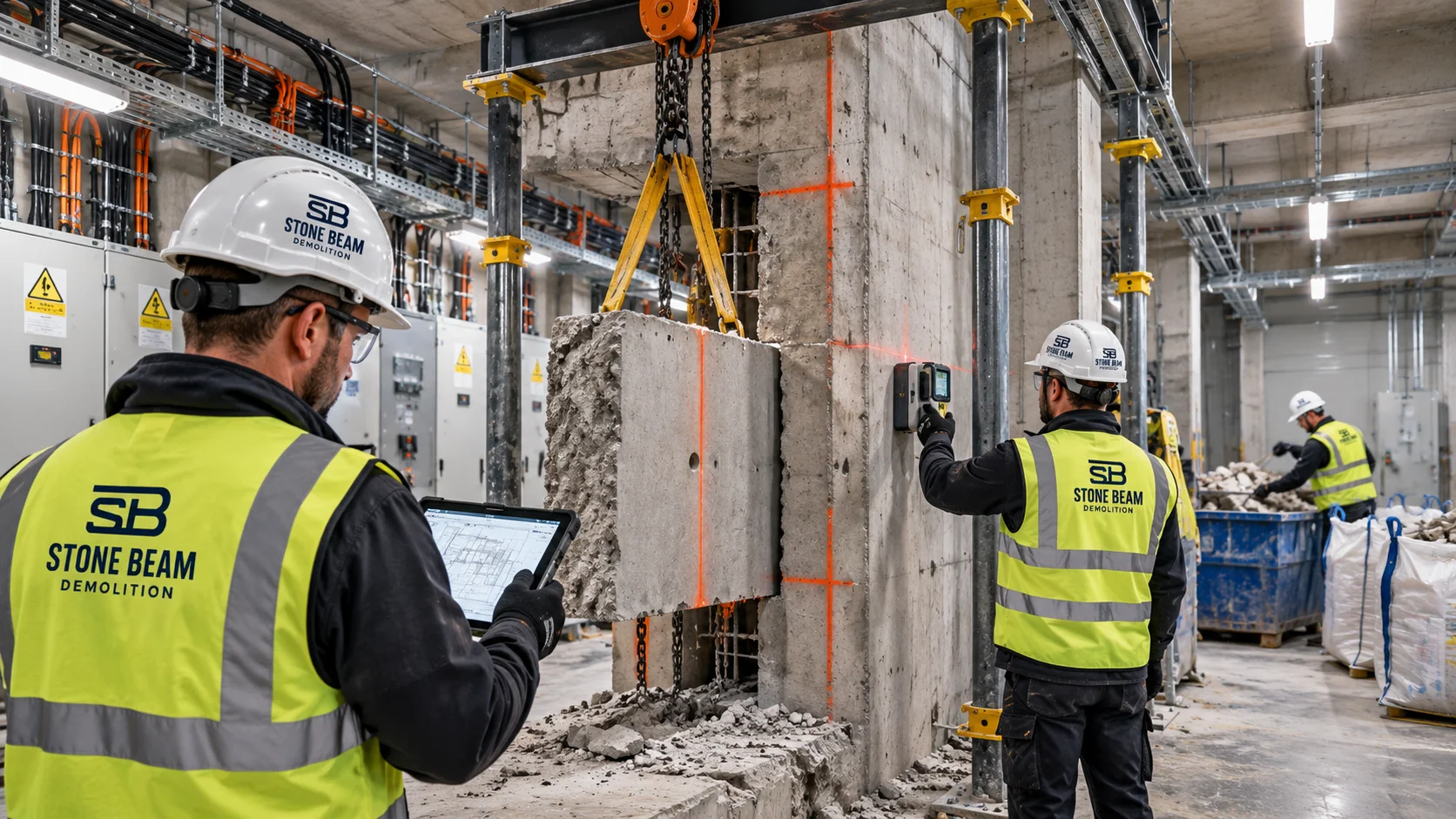 Dry concrete cutting in Dubai showing controlled removal of a cut concrete wall section with lifting support and site monitoring