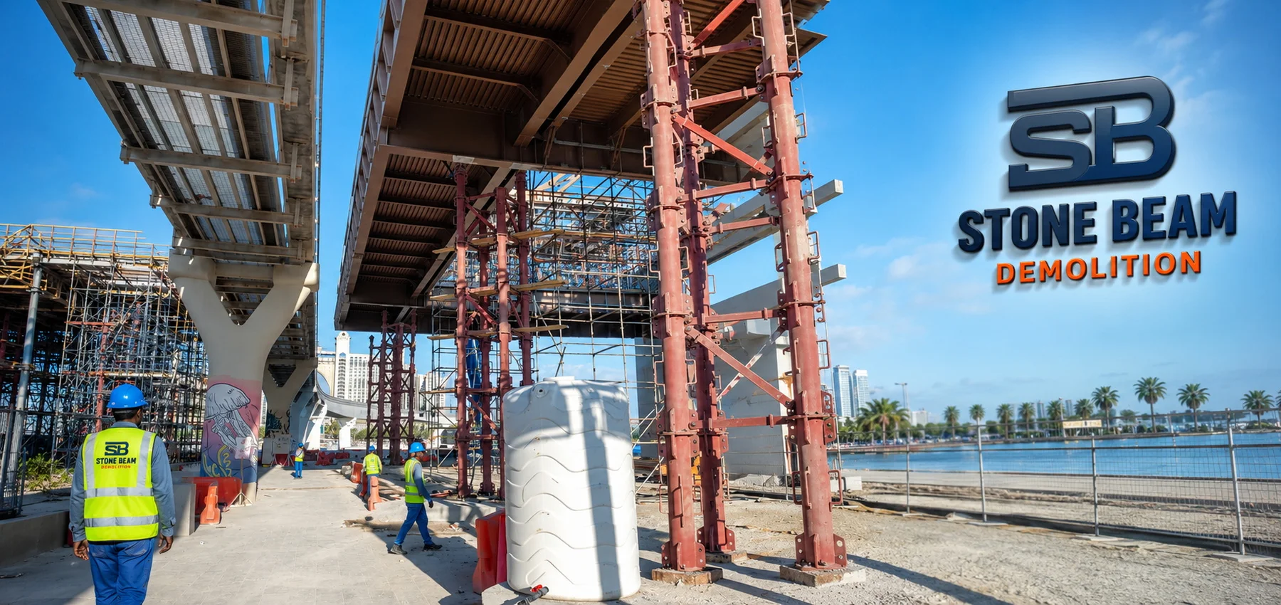 Stone Beam Demolition team working around a temporary steel shoring and structural support system beneath an elevated structure in Dubai, with heavy-duty support towers, scaffolding, barriers and controlled access visible on site.
