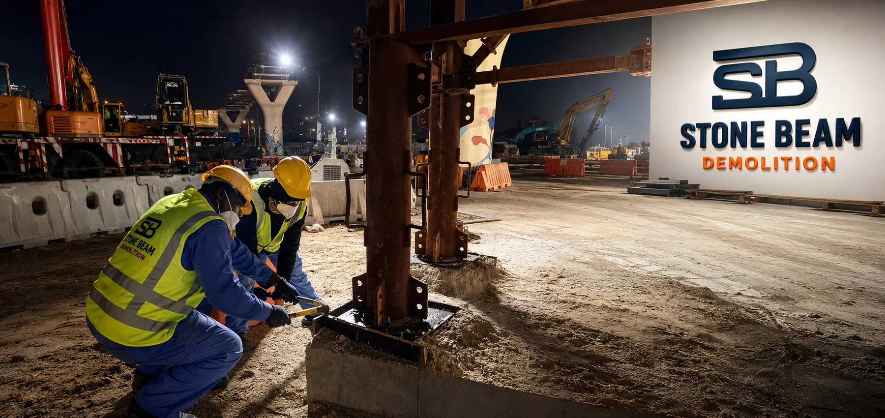 Stone Beam Demolition workers installing and checking temporary steel support columns during nighttime demolition works, with heavy equipment, safety barriers and controlled site access visible in the background.