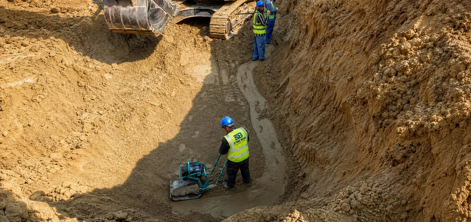 Stone Beam Demolition team carrying out trench excavation and soil compaction in Dubai, with workers operating compaction equipment inside a deep excavated trench while an excavator remains positioned above the work area.