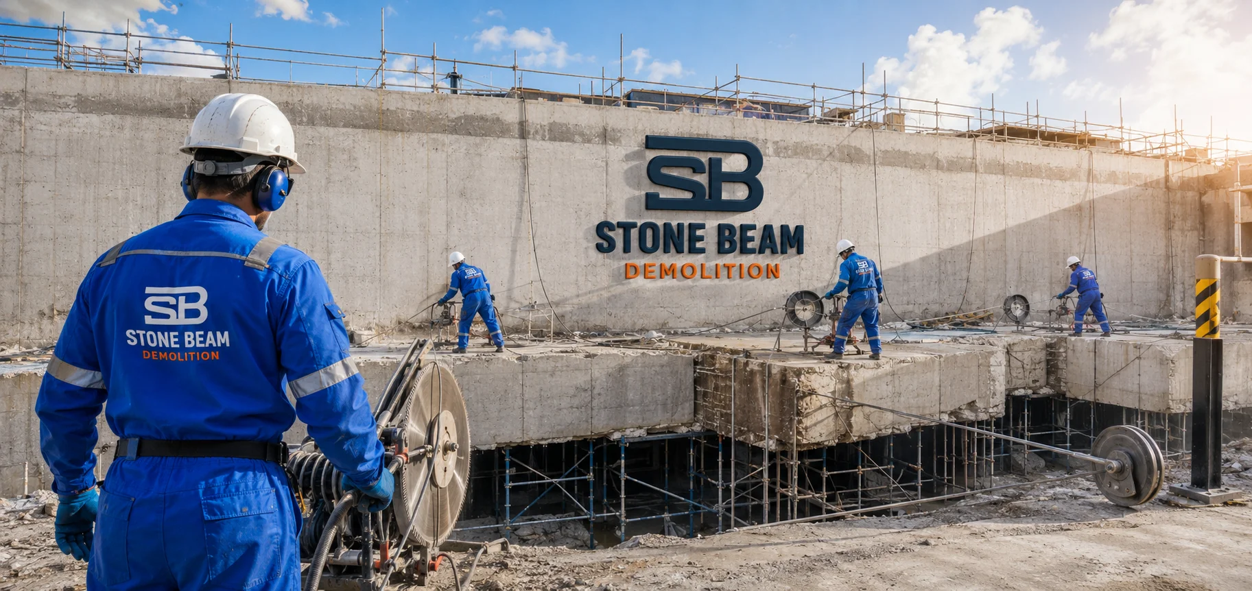 Waler beams cutting in Dubai showing multiple wire saw operations, temporary support systems and coordinated Stone Beam site works