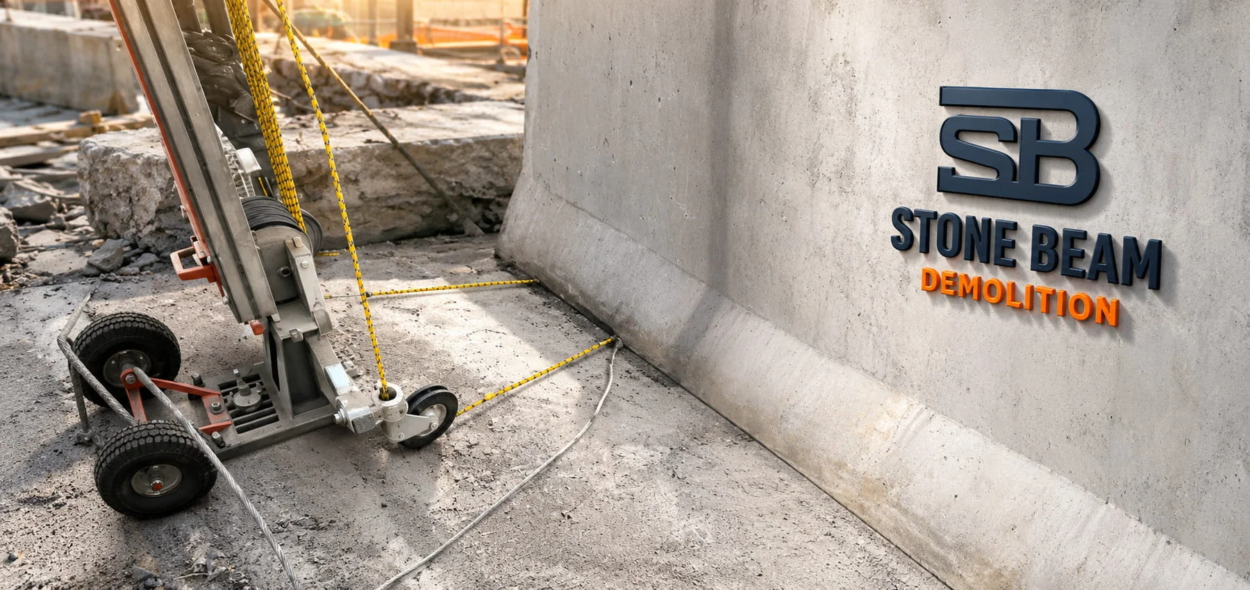 Wire sawing in Dubai showing a diamond wire cutting setup positioned around a large reinforced concrete section