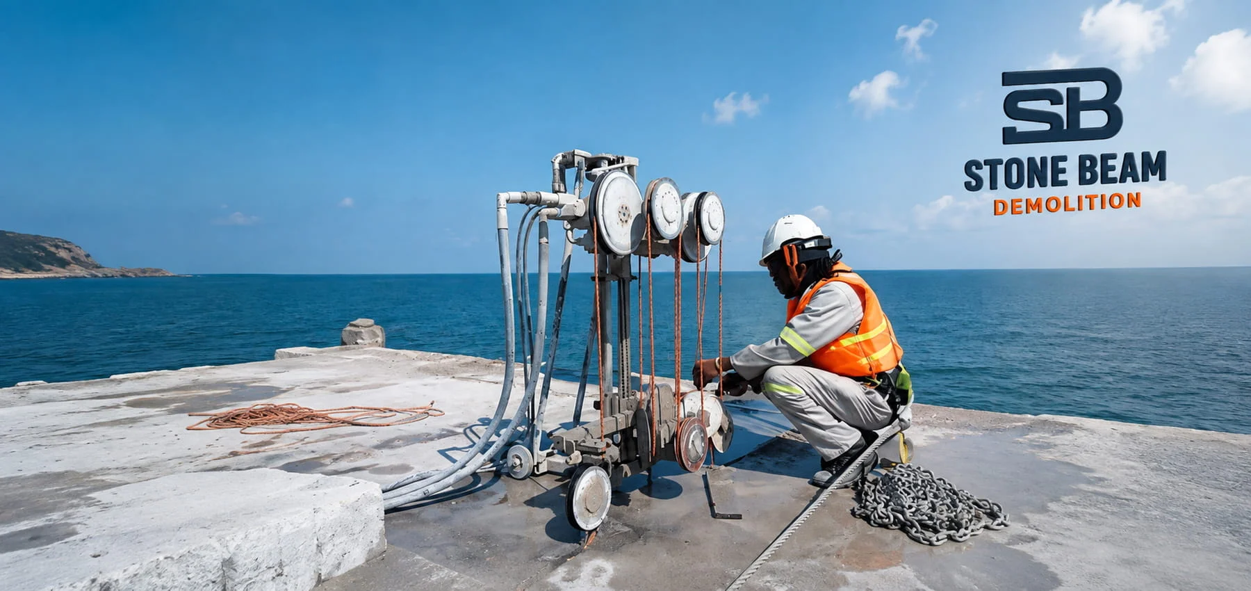 Wire sawing in Dubai showing diamond wire saw equipment and pulley system being prepared for controlled concrete cutting