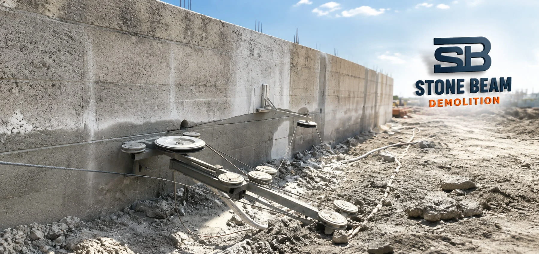 Wire sawing in Dubai showing a diamond wire saw pulley system installed for controlled cutting of reinforced concrete