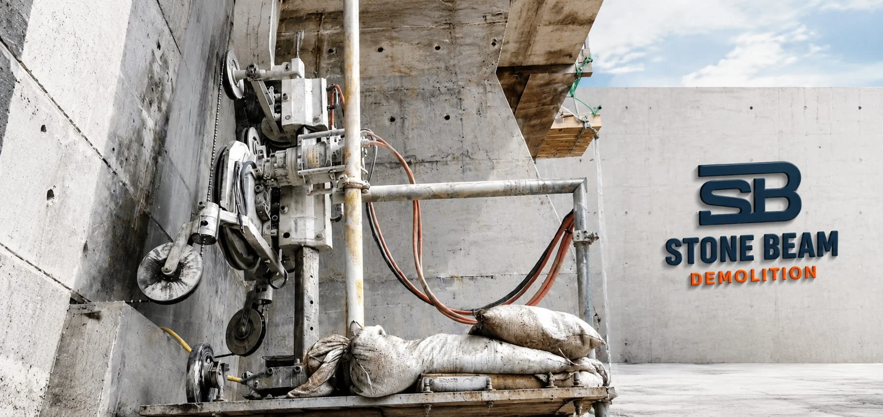 Wire sawing in Dubai showing a wall-mounted diamond wire saw system and pulley setup for controlled concrete cutting