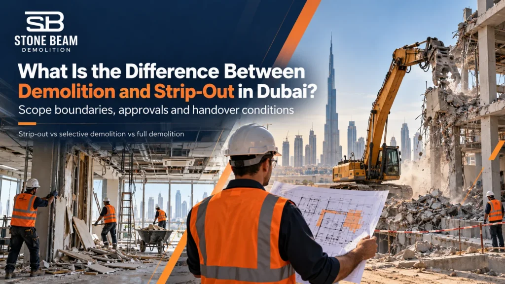 Demolition versus strip-out in Dubai showing interior strip-out and structural demolition